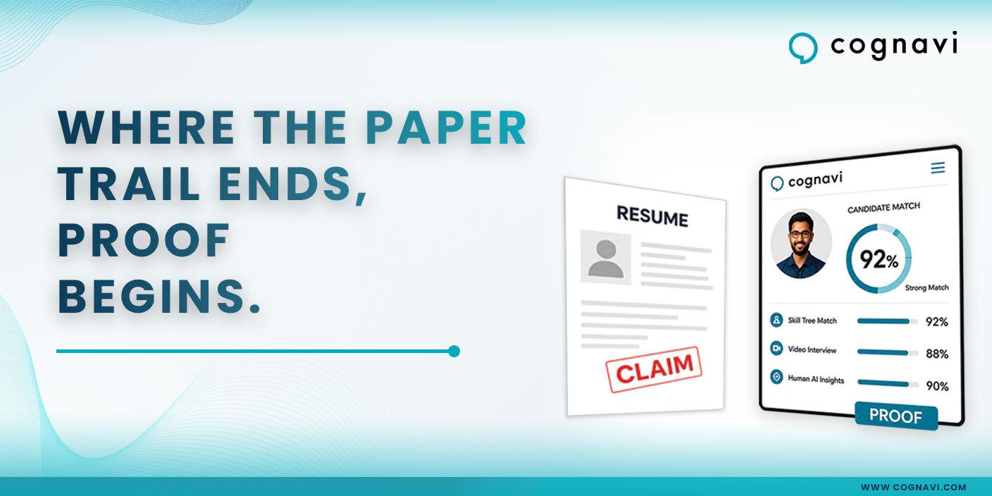 A resume marked as a claim next to a Cognavi candidate match profile marked as proof