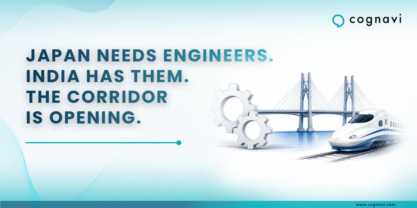 A bridge and a shinkansen beside engineering gears, representing the India to Japan engineering talent corridor