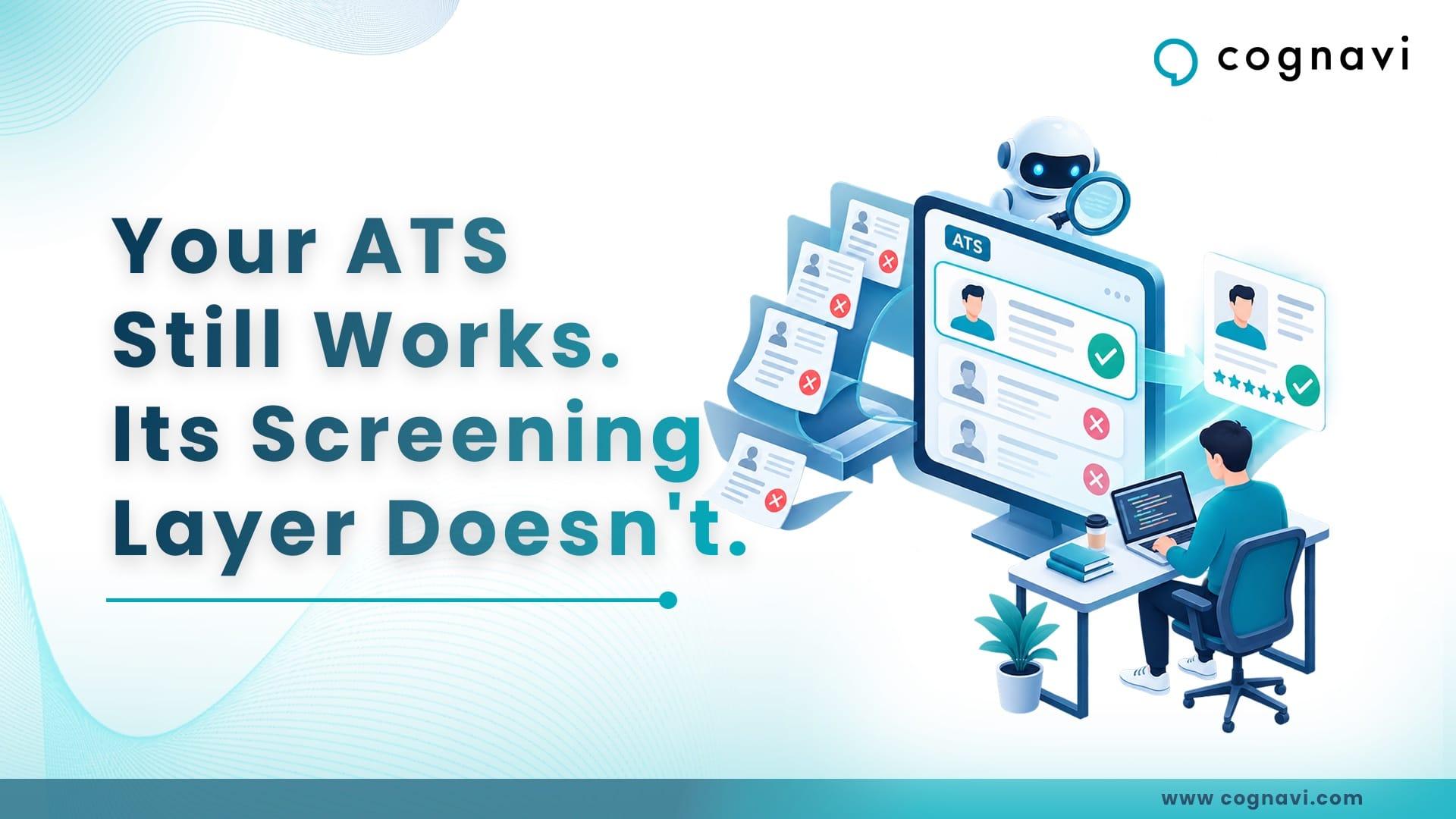 An ATS auto-rejecting stacks of resumes while a recruiter reviews candidates on a laptop