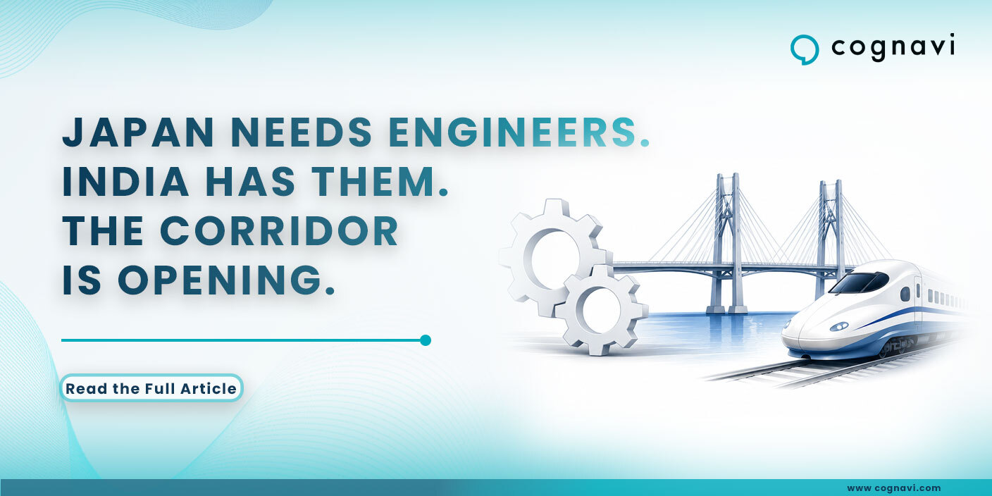 A bridge and a shinkansen beside engineering gears, representing the India to Japan engineering talent corridor